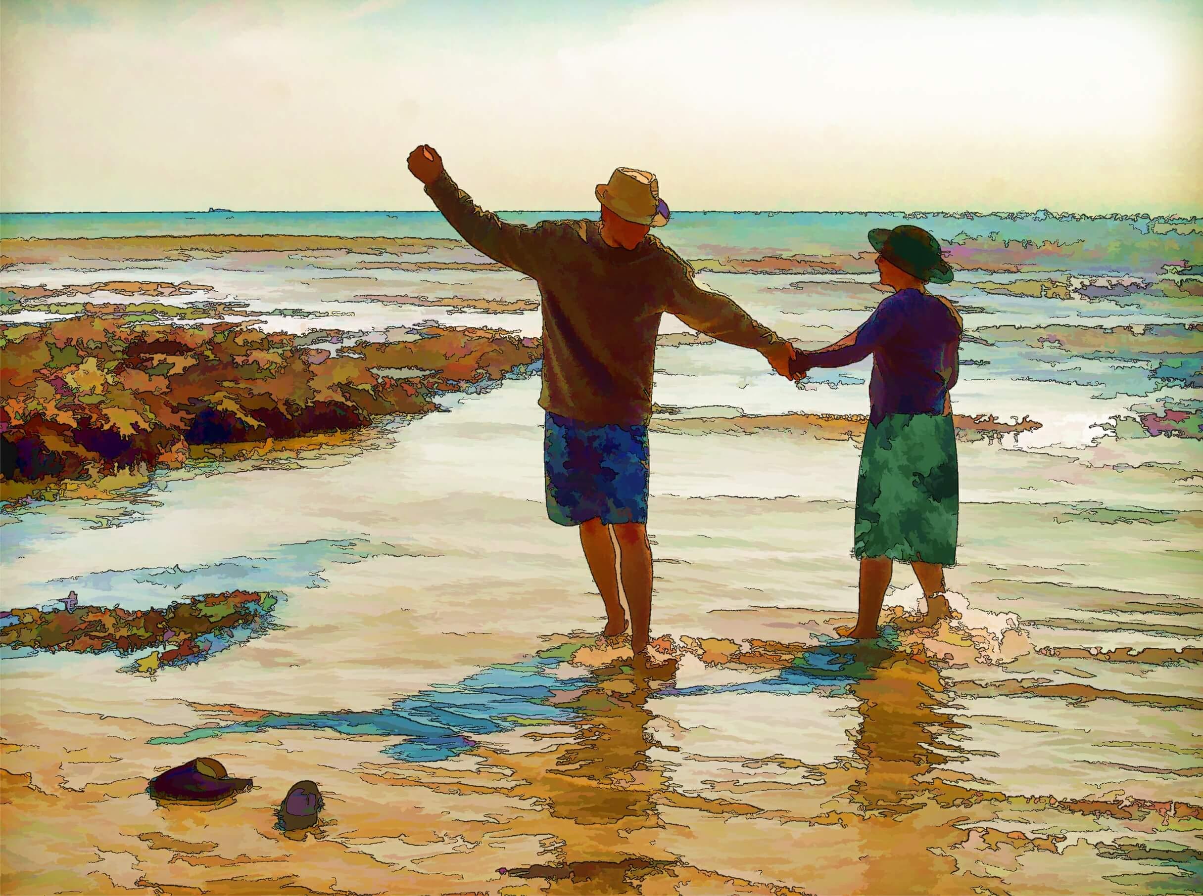 An older couple holding hands, paddling in the sea. A pair of discarded flip-flops is about to float away.