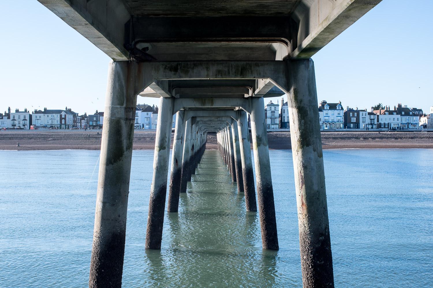 Deal Pier strutting out to sea, side view with a pebble beach sporting clusters of red, pink and white flowers.