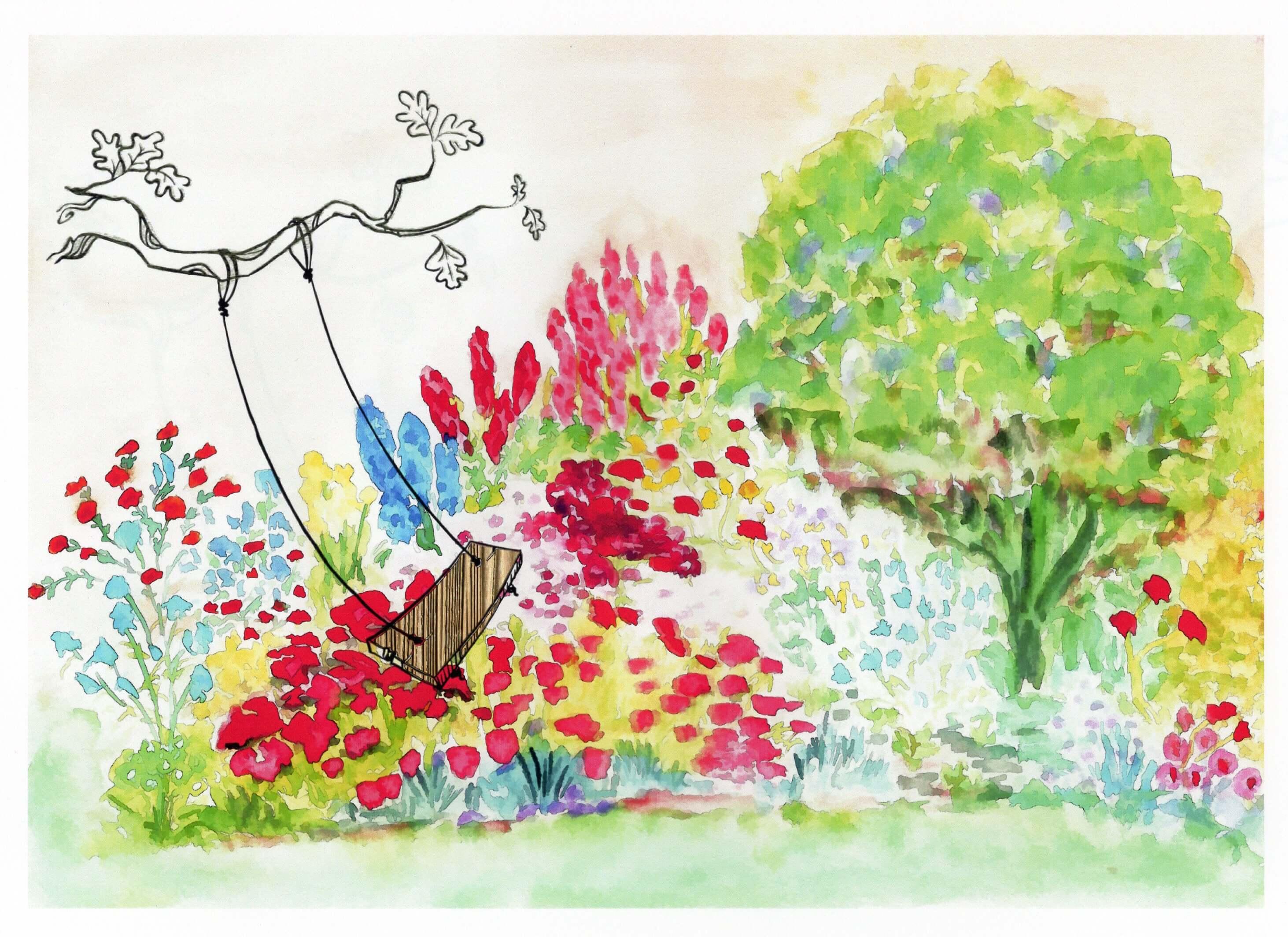 A water colour picture of garden flowers in bloom surrounds a Lilac tree. A swing sweeps across the image.