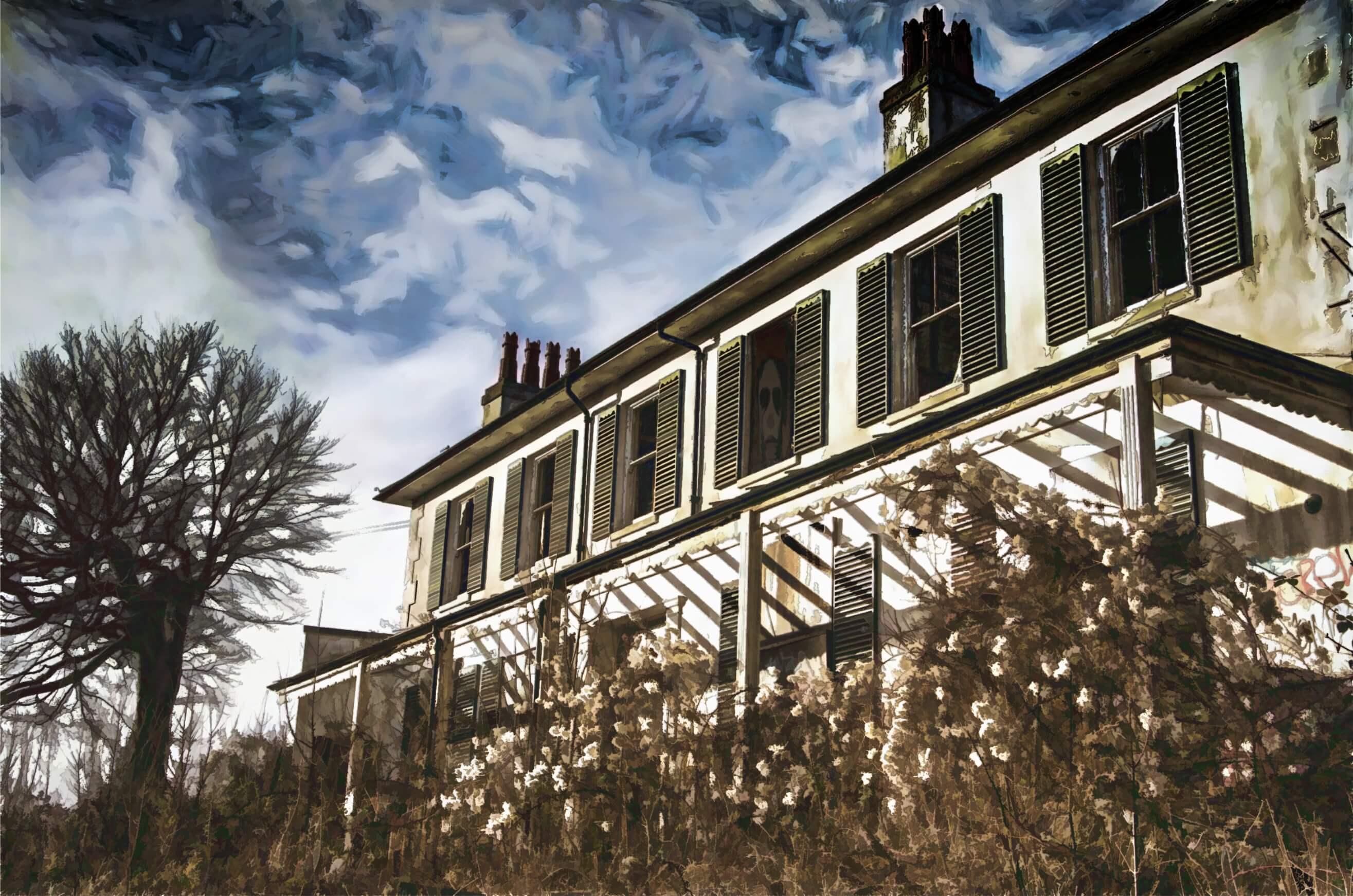 An abandoned house sits behind rusted gates, broken glass and shuttered windows, set in an overgrown garden.